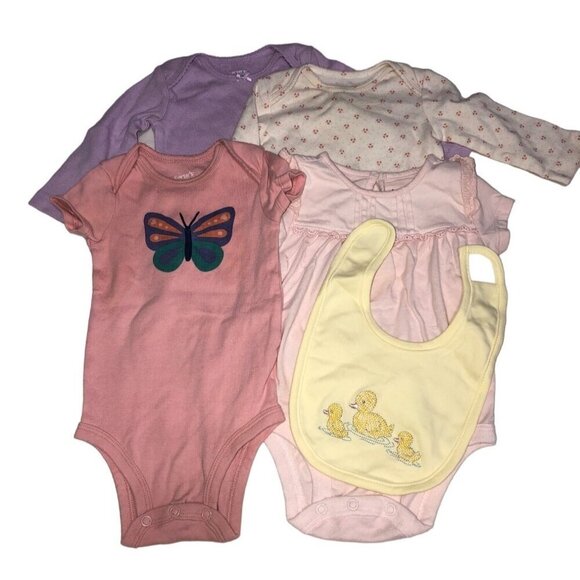 Baby Girl One Piece Bib Bundle 6M Carters Butterfly Duck Ruffles Short Long - Picture 1 of 7